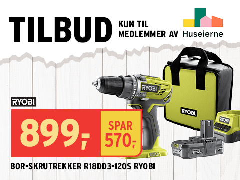 Medlemstilbud på bor og skrutrekker fra ryobi som medlem av Huseierne, kun hos montér