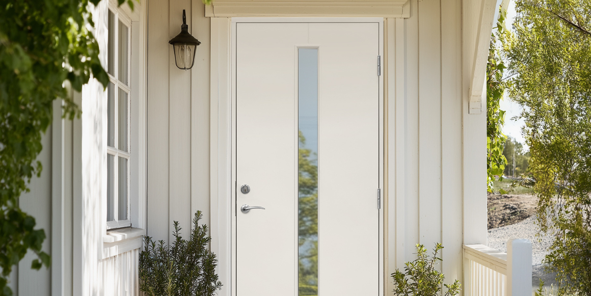 Inngangsparti med hvit opus dør med innebygd harmonie smartlås