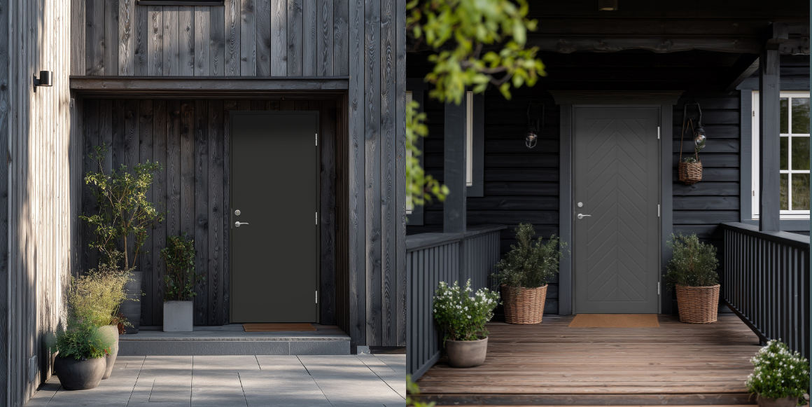 To ulike inngangsparti med sorte opus dører med innebygd harmonie smartlås