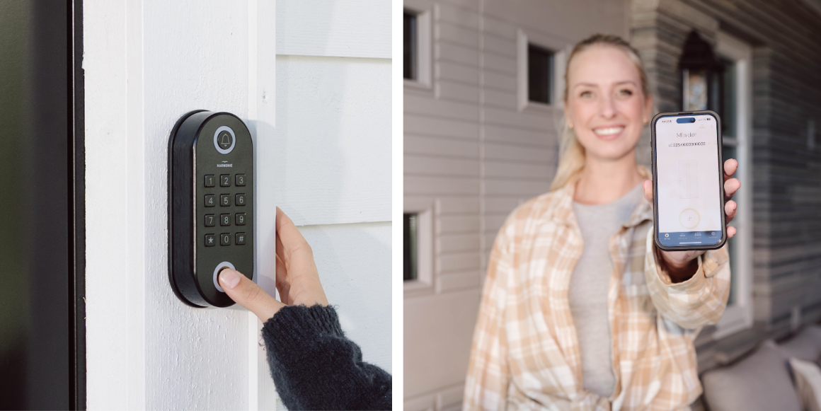 Demonstrasjonsbilder av smartfunksjonene til Opus ytterdør med Hamonie Smart dørlås.