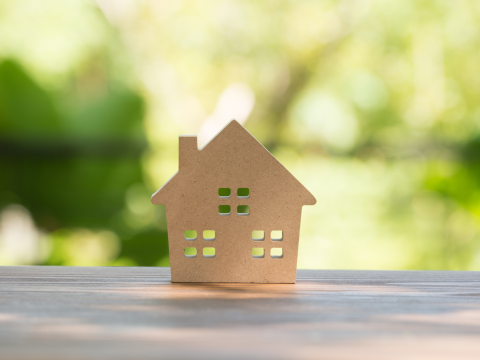 Grønne lån – smartere finansiering for energieffektiv bolig Trehus foran grønn bakgrunn som demonstrerer grønne lån