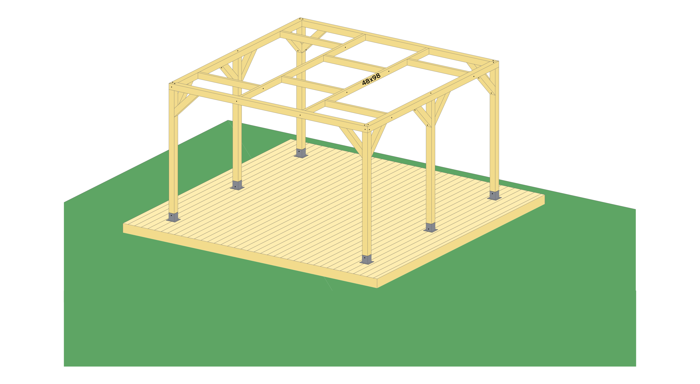 5. Avslutt med å feste 48x98 med treskrue 5,0x80 og treskrue 6,0x140 fra utsiden. Puss over ujevne eller flisete kanter med sandpapir. Nå er din pergola klar for overflate- behandling. Dersom du har valgt cu-impregnert materiale, må du male/beise etter en sesong. Fargevelger du etter eget ønske.