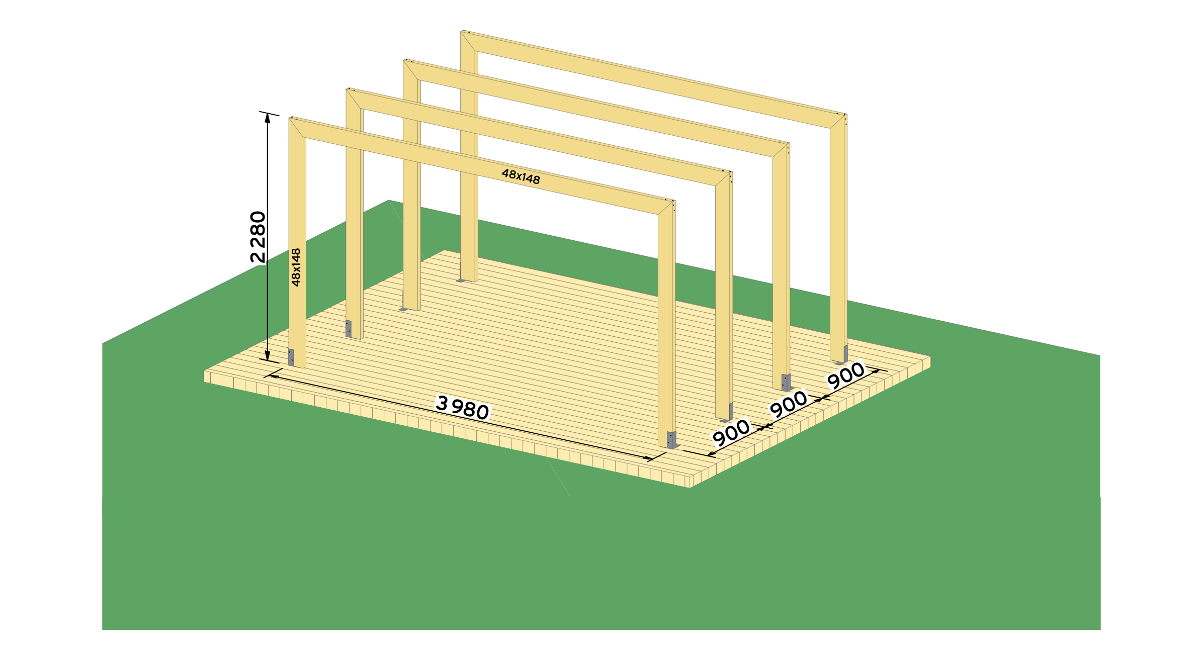 1. Start med å bygge rammer med 48x148 og skru sammen med treskrue 5,0x80 mm.  Fest rammene til terrassen med stolpefot og treskrue fransk 6,0x30 mm.  Husk å forbore hull til franske treskruer.