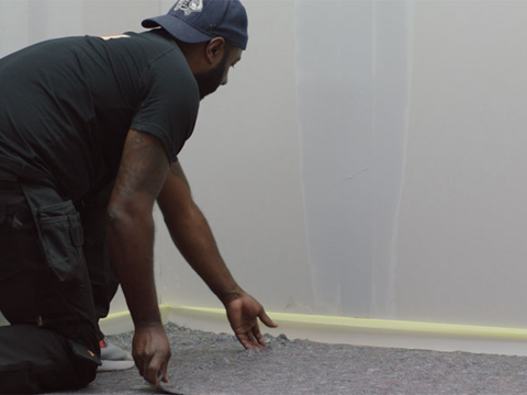 mann som maskerer veggen innendørs før maling